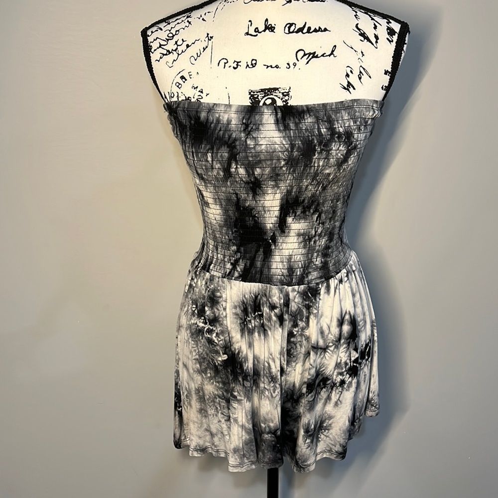 Fashion Nova Smocked Romper in Black/White Tie Dye